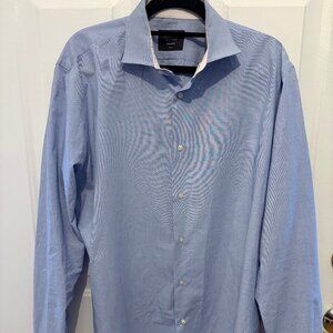 Nordstrom Mens Shop Dress Shirt Mens 16.5 Blue White Dots Trim Fit Wrinkle Free